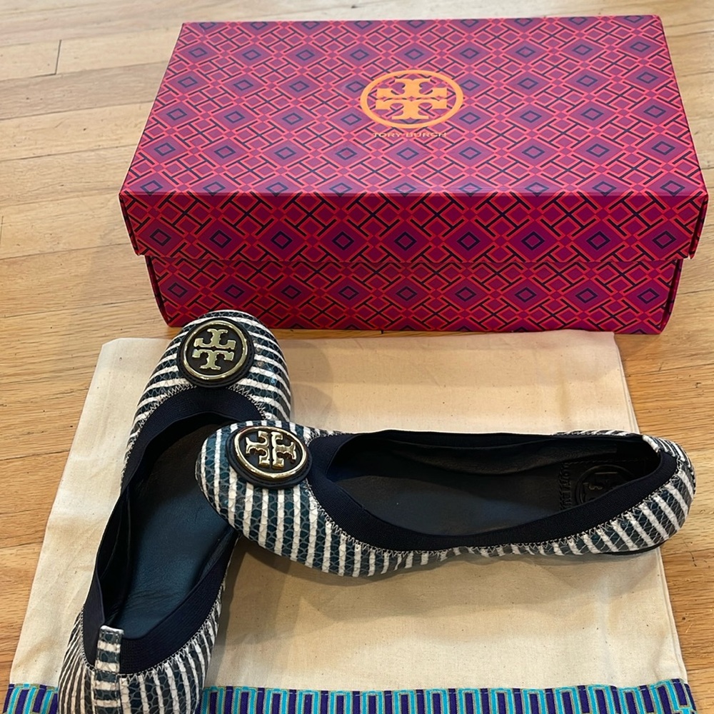 Tory Burch blue and white striped Caroline ballet flats-